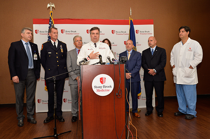 James Vosswinkel, MD and Apostolos Tassiopoulos, MD speak about Suffolk County Police Officer Christian Vidal at press conference